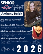 West Central High School Senior Spotlight for Anthony Dolph, Class of 2026. The graphic shows Anthony leaning on a wooden fence with autumn leaves behind him, alongside a close-up baby photo of him in a red hoodie. Text highlights his favorite class (Math